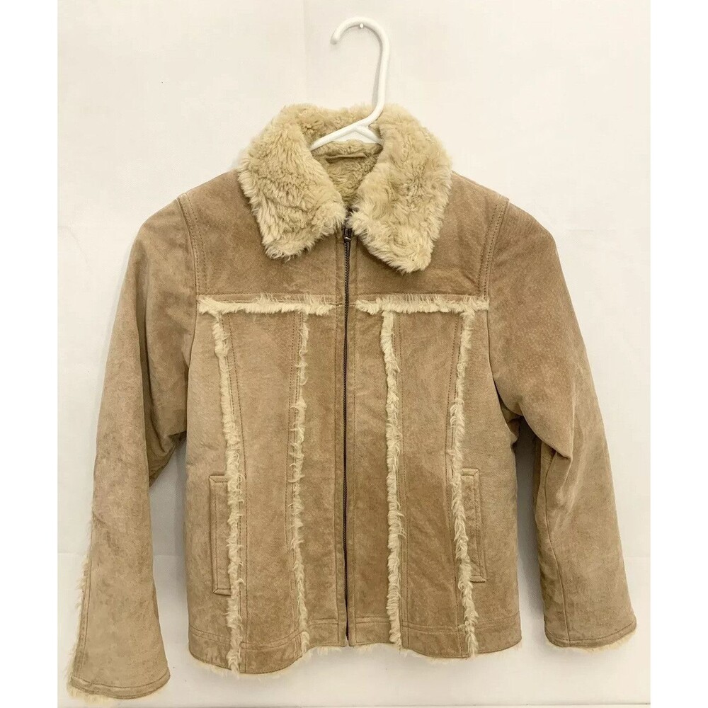 Girls Wilsons Leather Jacket S Small 7 8 9 32” Beige Suede Fuzzy Winter Kids